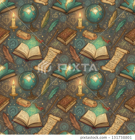 Seamless Pattern of Magical Elements Including Books Globes Scrolls and Feathers 131738801
