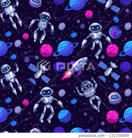 Seamless Space Pattern with Robots Planets Satellites and Rocket Ship Illustration 131738809
