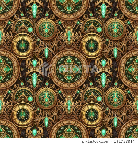 Steampunk clockwork pattern with emerald green accents and golden gears 131738814