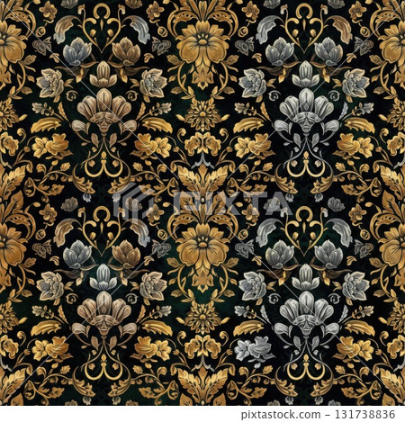 Elegant floral damask pattern design with gold and silver accents 131738836