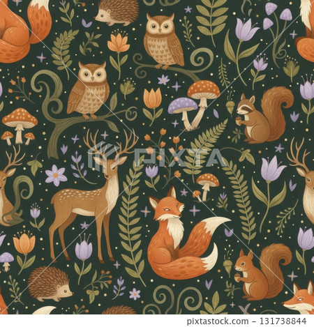 Enchanted Forest Animals Pattern with Deer Fox Owl and Squirrels 131738844