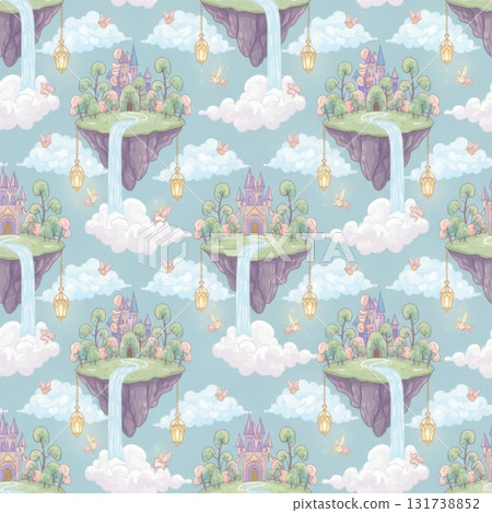 Enchanting seamless pattern featuring floating islands waterfalls and fairy castles Enchanting seamless pattern featuring floating islands waterfalls and fairy castles 131738852
