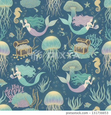 Enchanting underwater world seamless pattern with mermaids sea creatures treasure chests Enchanting underwater world seamless pattern with mermaids sea creatures treasure chests 131738853