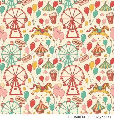 Festive Carnival Seamless Pattern with Ferris Wheels and Golden Horses Festive Carnival Seamless Pattern with Ferris Wheels and Golden Horses 131738854
