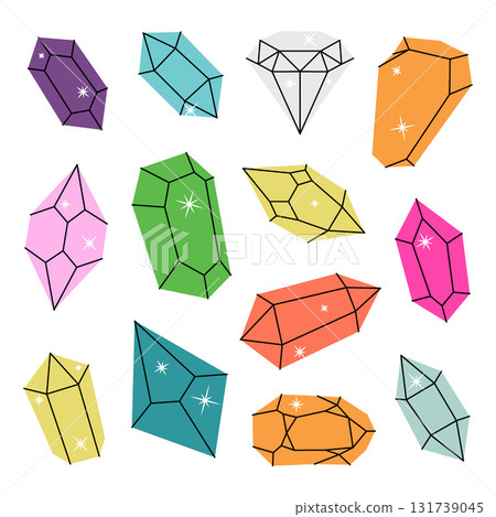 Crystals. Magic gem stones, diamond and jewel crystals. Gemstones, amethyst, ruby, sapphire, emerald, topaz and quartz. Vector illustration 131739045