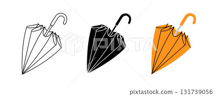 Compact folded umbrella icon in three versions outline, silhouette, and orange color Compact folded umbrella icon in three versions outline, silhouette, and orange color 131739056