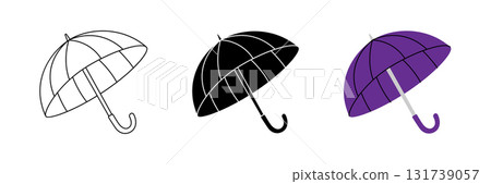 Minimalist umbrella icons in outline, solid black, and purple color. Simple vector rain protection symbols for seasonal weather design 131739057