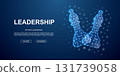 Glowing digital chess bishops with leadership text banner, polygonal wireframe design on dark blue background 131739058