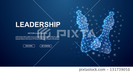 Glowing digital chess bishops with leadership text banner, polygonal wireframe design on dark blue background 131739058
