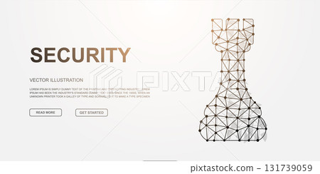 Polygonal wireframe rook chess piece symbolizing digital security, protection, and strong defense in a connected network 131739059