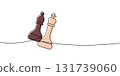 Linear minimalist outline of a brown chess bishop and a peach king leaning on a line, abstract design of power and strategy 131739060