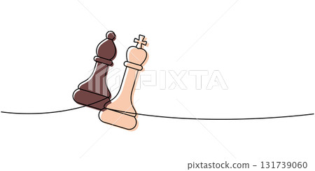 Linear minimalist outline of a brown chess bishop and a peach king leaning on a line, abstract design of power and strategy Linear minimalist outline of a brown chess bishop and a peach king leaning on a line, abstract design of power and strategy 131739060