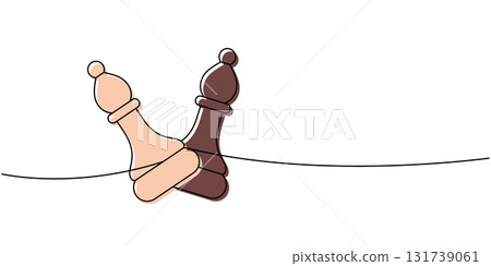 Linear minimalist outline of two chess bishops leaning together on a line, dual-tone abstract art of unity and tactics Linear minimalist outline of two chess bishops leaning together on a line, dual-tone abstract art of unity and tactics 131739061