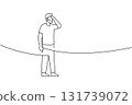 Minimalist contour of a bearded man shading his eyes, looking forward. Simple line art for vision and discovery themes 131739072