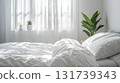 A bright bedroom with white bedding and houseplants (Natural Bedroom Series) 131739343