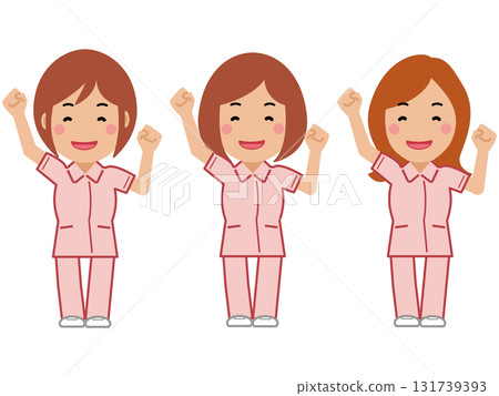 一位身穿粉紅色制服的女護士用誇張的手勢歡呼 131739393