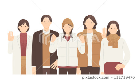 A group of five men and women posing wearing scarves and knit hats. Upper body illustration set. 131739470
