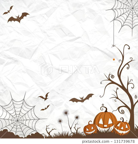 The image shows a Halloween illustration with bats, spiderwebs, pumpkins, and a spooky tree on a white crinkled The image shows a Halloween illustration with bats, spiderwebs, pumpkins, and a spooky tree on a white crinkled 131739678