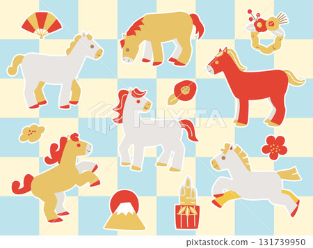 馬年新年賀卡中使用的馬匹和新年裝飾插圖（白色邊框版本） 131739950