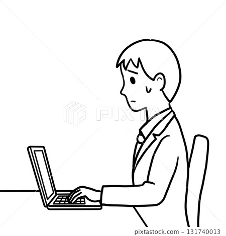 A man with a troubled expression working on a computer (line drawing only, landscape orientation) 131740013