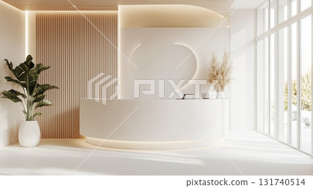 A bright white and beige clinic counter reception with large windows A bright white and beige clinic counter reception with large windows 131740514