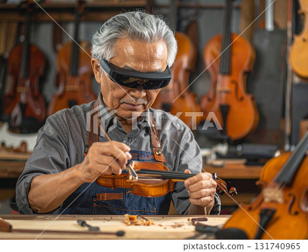 AI generated image of an elderly luthier working in a classic violin workshop using augmented reality glasses for precision. The blend of tradition and modern technology creates a perfect harmony. AI generated image of an elderly luthier working in a classic violin workshop using augmented reality glasses for precision. The blend of tradition and modern technology creates a perfect harmony. 131740965