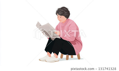插圖是一位穿著粉紅色毛衣的老年婦女,坐在椅子上,表情嚴肅地讀著報紙。 插圖是一位穿著粉紅色毛衣的老年婦女,坐在椅子上,表情嚴肅地讀著報紙。 131741328