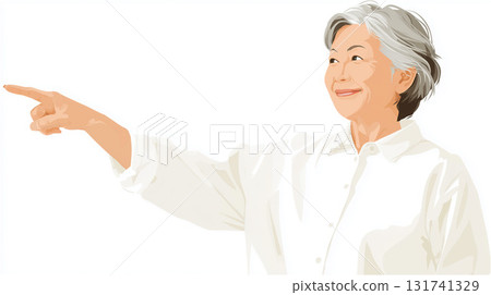 An illustration of a cheerful senior woman in a white shirt smiling brightly while pointing at the future. 131741329