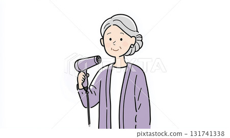 插圖中，一位老年婦女盤著髮髻，身穿紫色開襟衫，手持吹風機，面帶微笑。 131741338