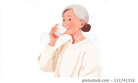 An illustration of the upper body of a senior woman with her hair in a bun, wearing a white sweater and drinking a glass of water. 131741358