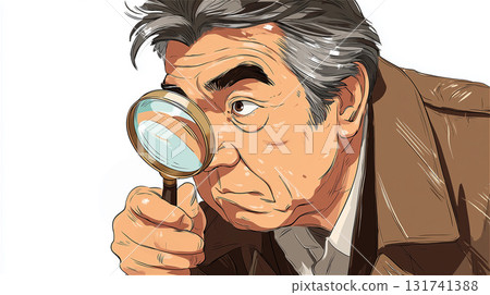 插圖描繪的是一位身穿棕色外套的高級偵探正透過放大鏡，用敏銳的目光審視某樣東西。 131741388