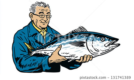 An illustration of a senior man wearing glasses, a blue jacket, holding a large fish and smiling with satisfaction. An illustration of a senior man wearing glasses, a blue jacket, holding a large fish and smiling with satisfaction. 131741389
