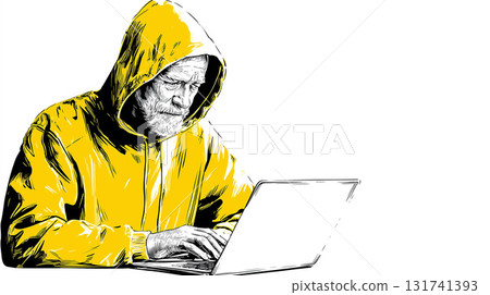 An illustration of a senior man wearing a yellow hoodie operating a laptop. 131741393