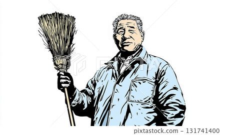 An illustration of a senior man wearing light blue work clothes, facing forward and holding a bamboo broom. An illustration of a senior man wearing light blue work clothes, facing forward and holding a bamboo broom. 131741400