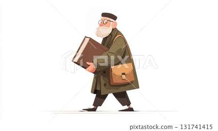 Illustration of a senior man with glasses and a white beard walking while carrying a large book and a bag. 131741415