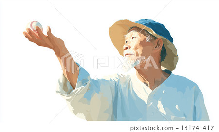 插圖是一位白鬍子的老人，戴著帽子，抬頭看著手上的棒球。 131741417