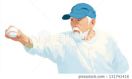 Illustration of a white-bearded senior man wearing a blue hat and about to throw a baseball. 131741418