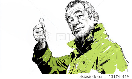 Illustration of a senior man wearing a green jacket giving a thumbs up and good sign. 131741419