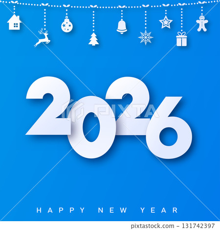 Merry Christmas and Happy New Year 2026 greeting card with papercut ornaments. Vector Merry Christmas and Happy New Year 2026 greeting card with papercut ornaments. Vector 131742397