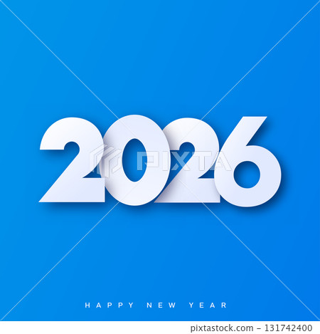 2026 Happy New Year blue greeting card with 3D papercut effect. Vector 131742400