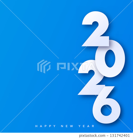 2026 Happy New Year blue greeting card with 3D papercut effect. Vector 131742401