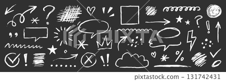 Line chalk arrow, frame, underline sketch elements on blackboard. Hand drawn crayon pencil, texture brush stroke scribble doodle chalkboard elements. Marker arrow, sketch square. Vector illustration Line chalk arrow, frame, underline sketch elements on blackboard. Hand drawn crayon pencil, texture brush stroke scribble doodle chalkboard elements. Marker arrow, sketch square. Vector illustration 131742431