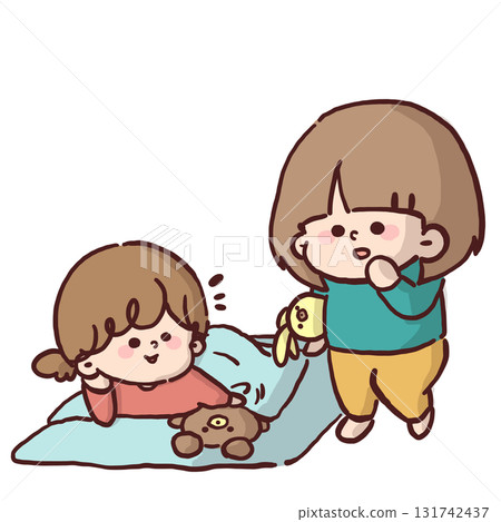 孩子們假裝用毛絨玩具小睡的插圖 孩子們假裝用毛絨玩具小睡的插圖 131742437