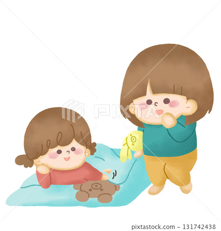 Illustration of children pretending to take a nap with stuffed animals Illustration of children pretending to take a nap with stuffed animals 131742438