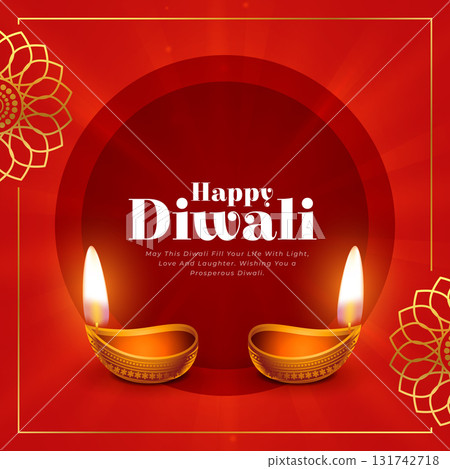 happy diwali greeting red background with glowing diya 131742718