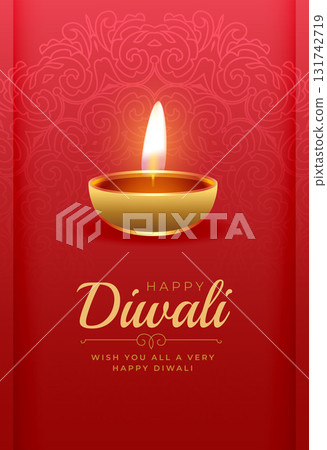 happy diwali greeting red poster with golden diya 131742719
