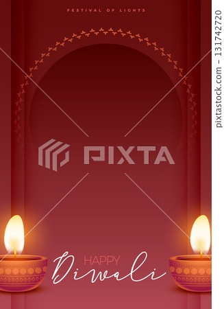 happy diwali greeting template with glowing diya 131742720