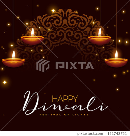 happy diwali wishes brown card with hanging diya 131742731
