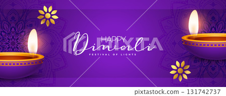 happy diwali wishes purple banner with glowing diya 131742737