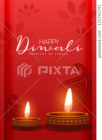 happy diwali wishes red poster with realistic diya 131742741